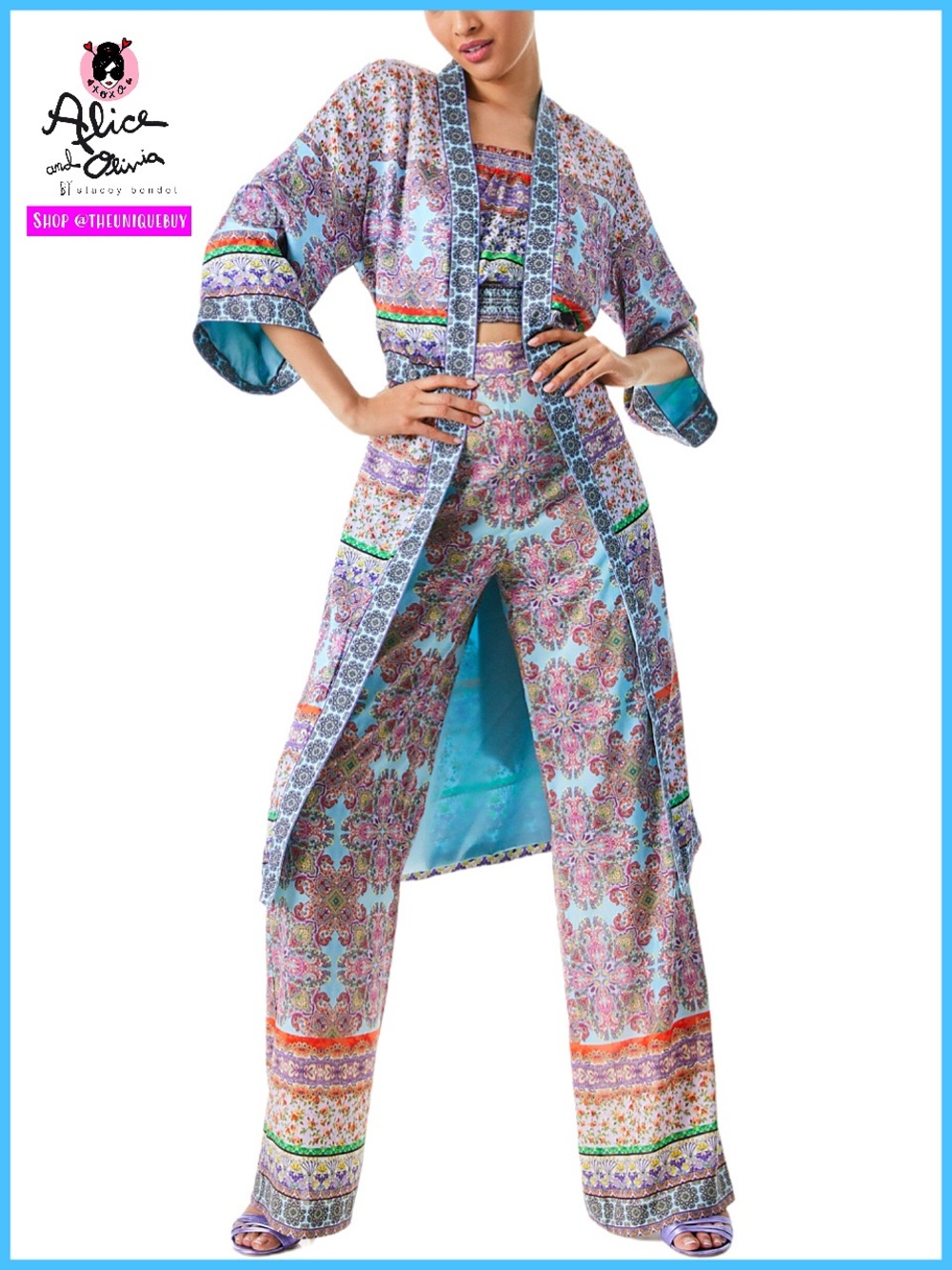 Alice + Olivia Flora Drapey Floral Lavender Purple Blue Kimono Jacket